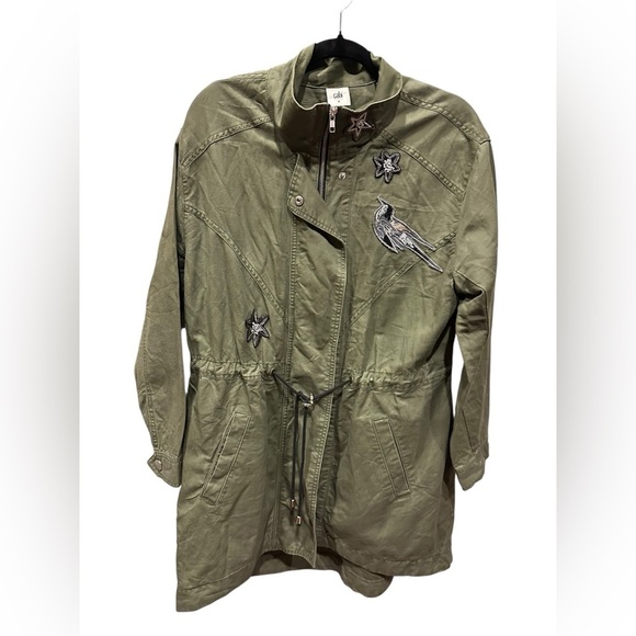 CAbi Jackets & Blazers - CAbi utility jacket moss/army green linen blend sequin bird/star patches Size M